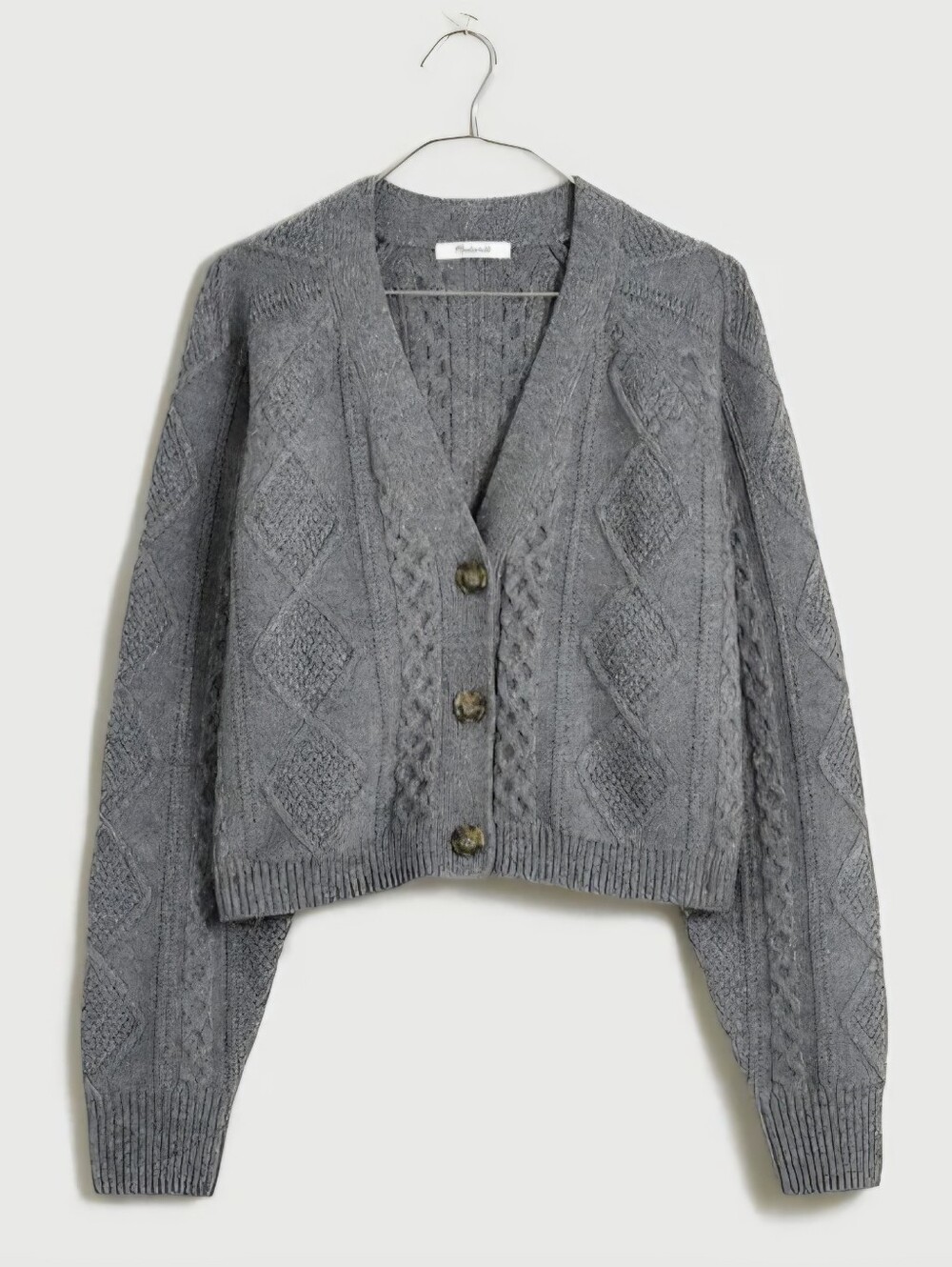 Madewell Shimmer Cable Knit Cropped Cardigan Heather Graphite Gray Wool Blend L